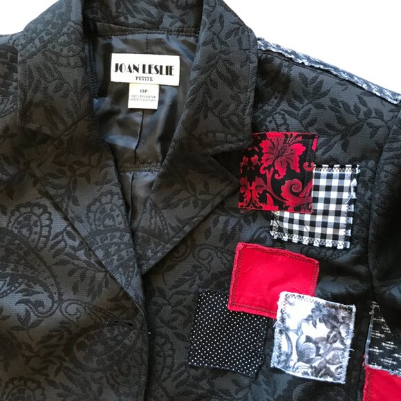 Upcycled Patchwork Jacket, Handcrafted Boho Red Black White Blazer, Size 14P - Picture 8 of 10